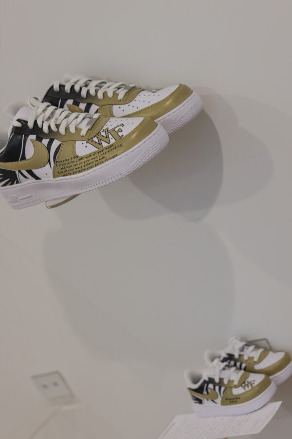 Display of signed Nike sneakers mounted on a wall in a custom closet designed by Artful Conceptions at South Westshore